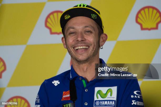 Valentino Rossi of Italy and Movistar Yamaha MotoGP smiles during a press conference ahead of the MotoGP of Malaysia at Sepang Circuit on October 26,...