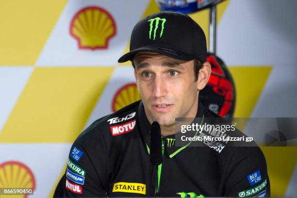 Johann Zarco of France and Monster Yamaha Tech 3 speaks during a press conference ahead of the MotoGP of Malaysia at Sepang Circuit on October 26,...