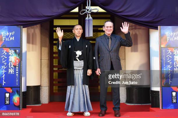 Actors Ebizo Ichikawa and Tommy Lee Jones attend the Special Night event at Kabukiza Theatre during the 30th Tokyo International Film Festival on...