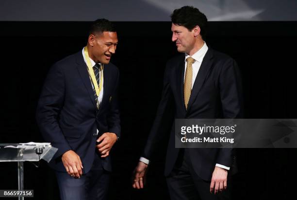John Eales presents Israel Folau with the John Eales Medal during the 2017 Rugby Australia Awards at Royal Randwick Racecourse on October 26, 2017 in...