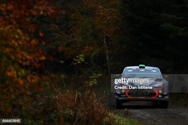Hayden Paddon of New Zealand and Hyundai Motorsport drives with co-driver Sebastian Marshall of Great Britain during Shakedown for the FIA World...