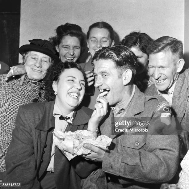 British Prisoners of war released from Korea, pictured on their return to England after docking at Southampton on the Asturius. Private Thomas Nugent...