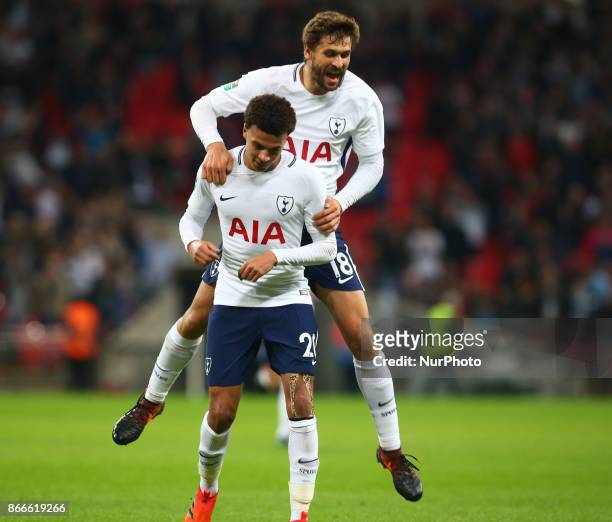 Tottenham Hotspur's Dele Alli celebrate with Tottenham Hotspur's Fernando Llorente during Carabao Cup 4th Round match between Tottenham Hotspur and...