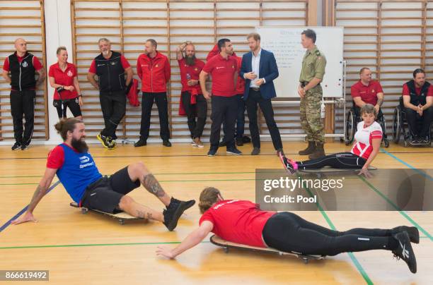 Prince Harry visits the Danish Veteran Centre where they watched a Rolling Floorball match, a sport invented by Danish veterans, on October 26, 2017...