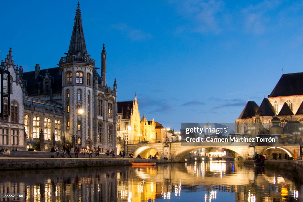 Ghent canal view at night, Belgium.