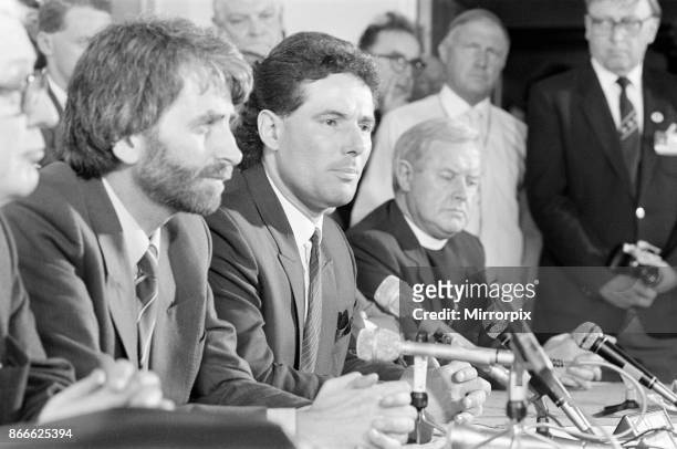 Derek Hatton, Deputy Leader of Liverpool City Council, Liverpool Club and Council Officials, News Press Conference at Liverpool Airport, 30th May...
