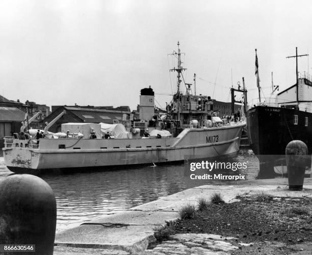 Mersey, Minesweeper of the Mersey Division of the RNR comes alongside headquarters ship HMS Eaglet Salthouse Dock at the end of her fourth cruise of...