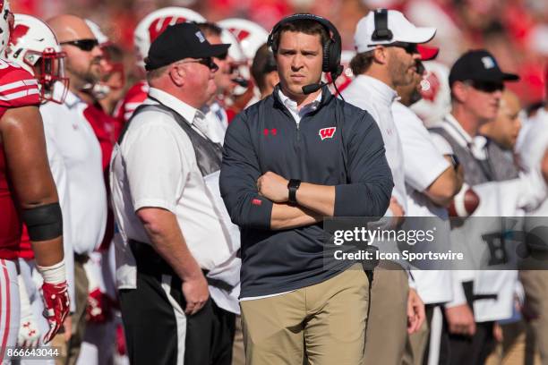 Wisconsin Badger Defensive Coordinator/DBs Jim Leonhard walks the sideline durning an college football game between the Maryland Terrapins and the...