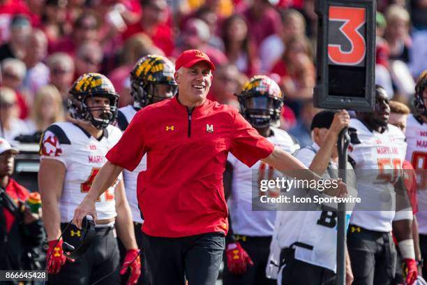 Maryland Terrapins head coach DJ Durkin reacts after not getting a call durning an college football game between the Maryland Terrapins and the...