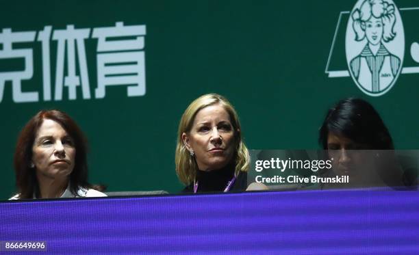 Legend Ambassador Chris Evert of the United States watches during day 5 of the BNP Paribas WTA Finals Singapore presented by SC Global at Singapore...