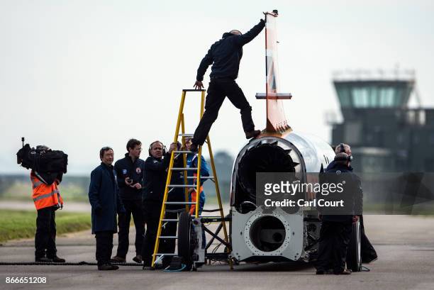 The Bloodhound supersonic car, driven by Royal Air Force Wing Commander Andy Green, is prepared for a test run at the airport on October 26, 2017 in...