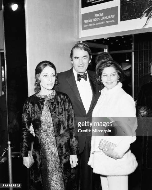 Marooned 1970 Film Premiere, The Odeon, Leicester Square, London, Thursday 29th January 1970, picture shows Gregor Peck, American actor, with wife...