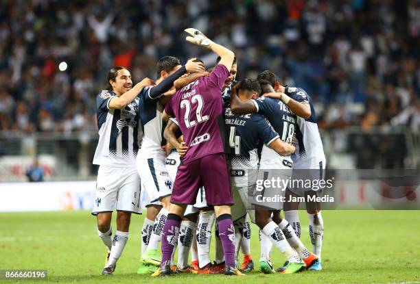 Juan Pablo Carrizo goalkeeper of Monterrey celebrates with teammates after winning the penalty series during the round of sixteen match between...