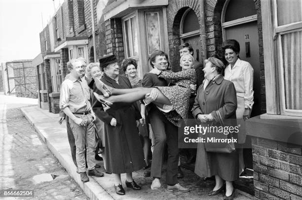 New street setting for 'Coronation Street'. Granada TV have built an outdoor set for shooting some of the scenes. Pictured are cast members: Cast...