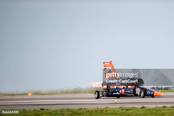 The Bloodhound supersonic car, driven by Royal Air Force Wing Commander Andy Green, undergoes a test run at the airport on October 26, 2017 in...