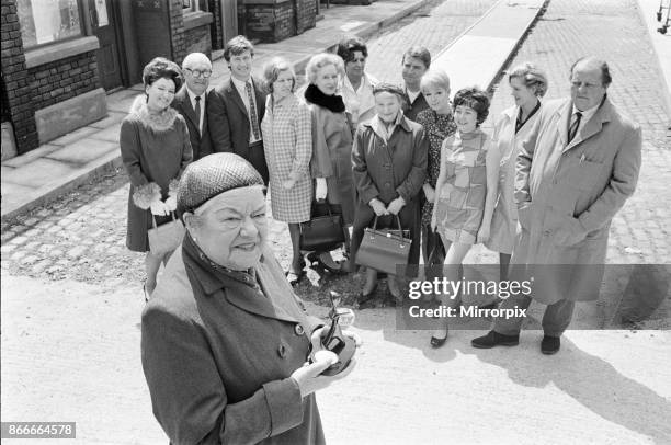 New street setting for 'Coronation Street'. Granada TV have built an outdoor set for shooting some of the scenes. Pictured are cast members: Cast...