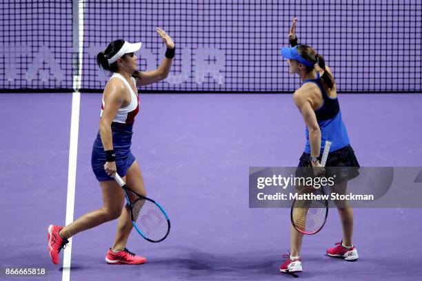 Chan Yung-Jan of Chinese Taipei and Martina Hingis of Switzerland celebrate winning the first set in their doubles match against Kveta Peschke of...