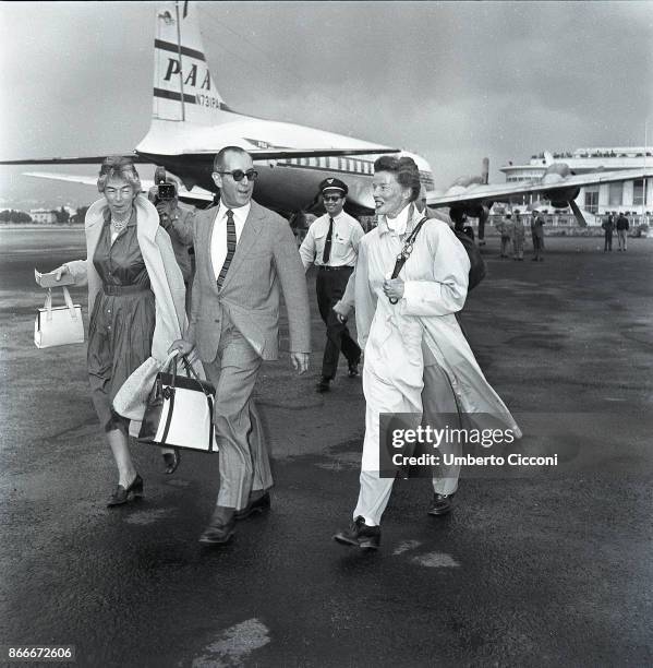 American actress Katharine Hepburn arrived at Ciampino airport in Rome in 1959.