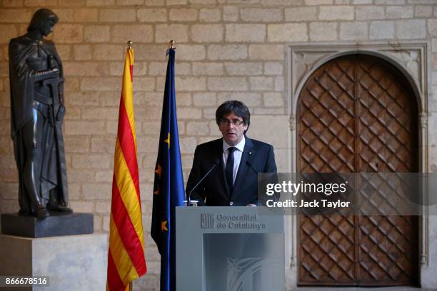 Catalan President Carles Puigdemont makes a statement at the Catalan Government building Generalitat de Catalunya on October 26, 2017 in Barcelona,...