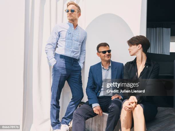 Filmmaker Francois Ozon and actors Jeremie Renier and Marine Vacth are photographed for Self Assignment on May, 2017 in Cannes, France.