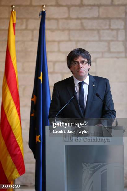 Catalan President Carles Puigdemont makes a statement at the Catalan Government building Generalitat de Catalunya on October 26, 2017 in Barcelona,...