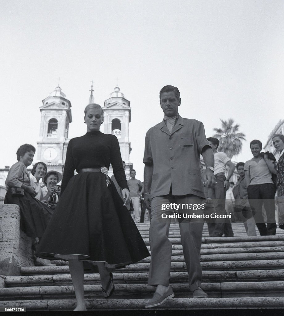 The Swedish actress Anita Ekberg with the English actor Anthony Steel in Rome in 1958
