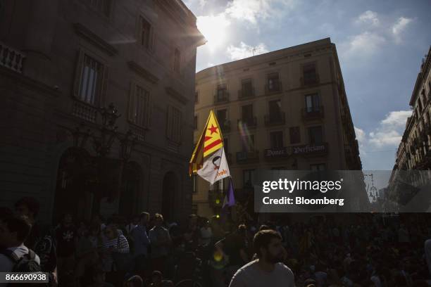 Students wave a Catalan pro-independence flag outside the Generalitat regional government offices at Sant Jaume after a demonstration protesting the...