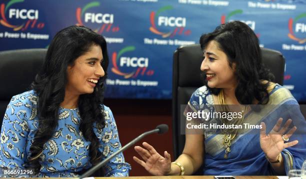 Ladies Organisation President, Vasvi Bharat Ram with Indian Women's Cricket Team Captain Mithali Raj during the FICCI Ladies Organisation engages in...