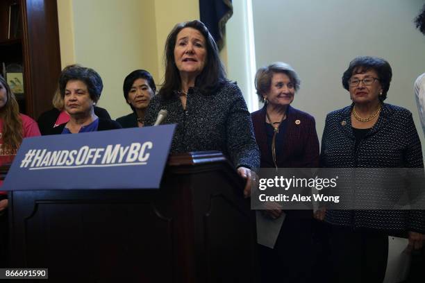 Rep. Diana DeGette speaks as Rep. Lois Frankel , Rep. Judy Chu , Rep. Louise Slaughter and Rep. Nita Lowey listen during a news conference October...