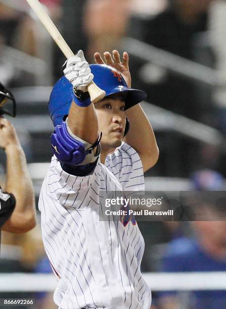 Norichika Aoki of the New York Mets gets set to bat in the Mets last home game of the season in an MLB baseball game against the Atlanta Braves on...