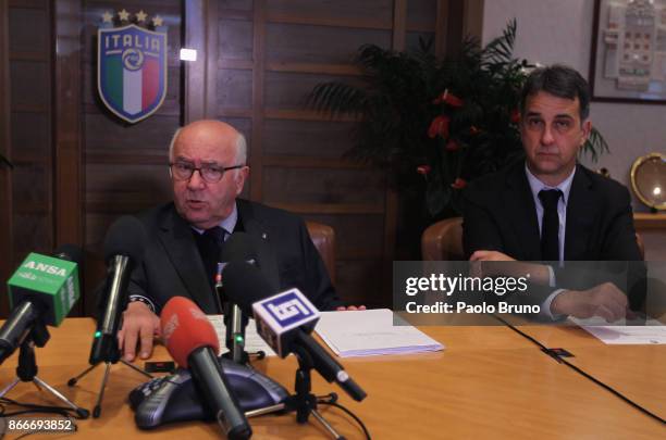 President Carlo Tavecchio and FIGC General director Michele Uva attend the press conference after the Italian Football Federation federal council...
