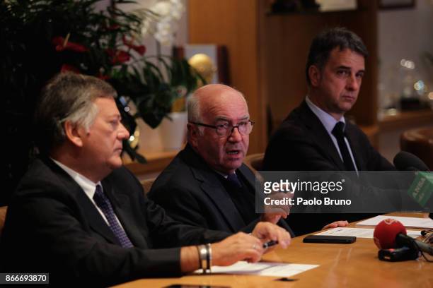 President Carlo Tavecchio attends the press conference after the Italian Football Federation federal council meeting on October 26, 2017 in Rome,...