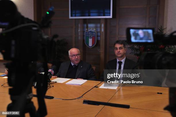 President Carlo Tavecchio and FIGC General director Michele Uva attend the press conference after the Italian Football Federation federal council...