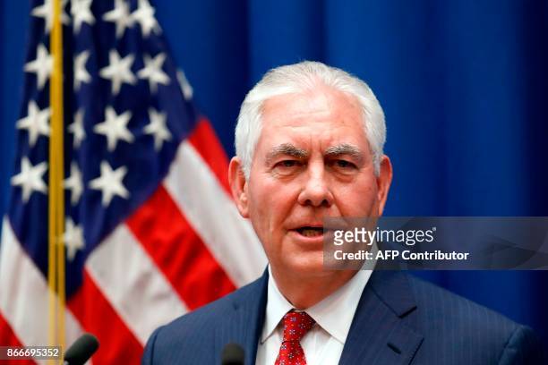 Secretary of State Rex Tillerson speaks to staff members at the US Mission to the UN on October 26 in Geneva, Switzerland. Rex Tillerson will hold...