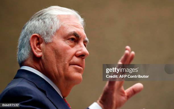 Secretary of State Rex Tillerson pauses before speaking to staff members at the US Mission to the UN on October 26 in Geneva, Switzerland. Rex...