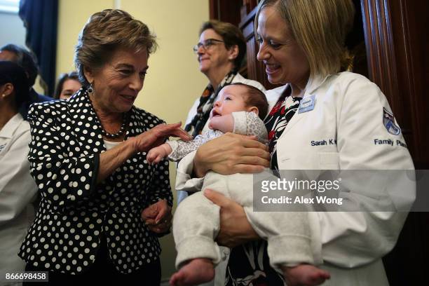 Rep. Jan Schakowsky plays with three-month-old Zadie Miller as her mother Sarah Horvath , an MD with Physicians for Reproductive Health, looks on...
