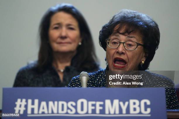 Rep. Nita Lowey speaks as Rep. Diana DeGette listens during a news conference October 26, 2017 on Capitol Hill in Washington, DC. The Congressional...