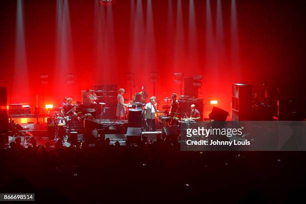 Al Doyle, Nancy Whang, Tyler Pope, Gavin Russom, Korey Richey, James Murphy and Pat Mahoney of LCD Soundsystem perform at James L Knight Center on...