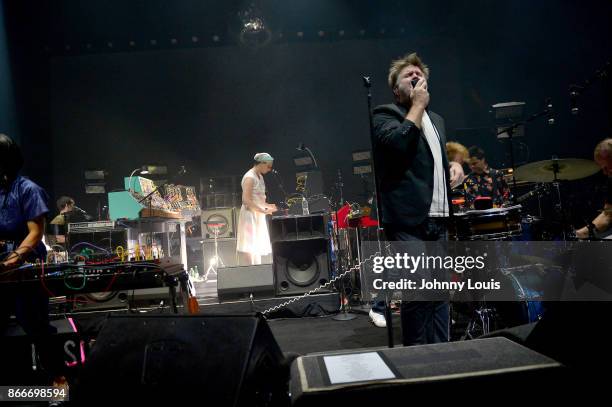 Al Doyle, Nancy Whang, Tyler Pope, Gavin Russom, Korey Richey, James Murphy and Pat Mahoney of LCD Soundsystem perform at James L Knight Center on...