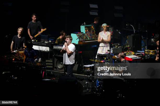 Al Doyle, Nancy Whang, Tyler Pope, Gavin Russom, Korey Richey, James Murphy and Pat Mahoney of LCD Soundsystem perform at James L Knight Center on...