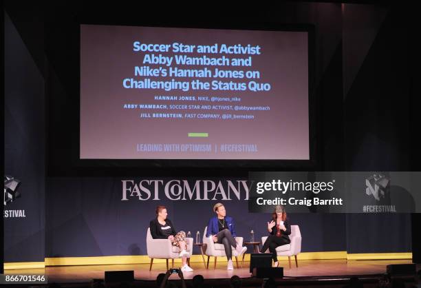 Hannah Jones of Nike, Soccer player and Activist Abby Wambach and Jill Bernstein of Fast Company speak onstage for Soccer Star and Activist Abby...