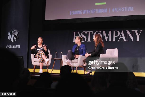 Hannah Jones of Nike, Soccer player and Activist Abby Wambach and Jill Bernstein of Fast Company speak onstage for Soccer Star and Activist Abby...