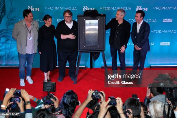 Alejandro Ramírez Magaña, Daniela Michel, Guillermo del Toro, Alfonso Cuaron and Cuauhtemoc Cardenas Batel unveil a commemorative plaque of the...