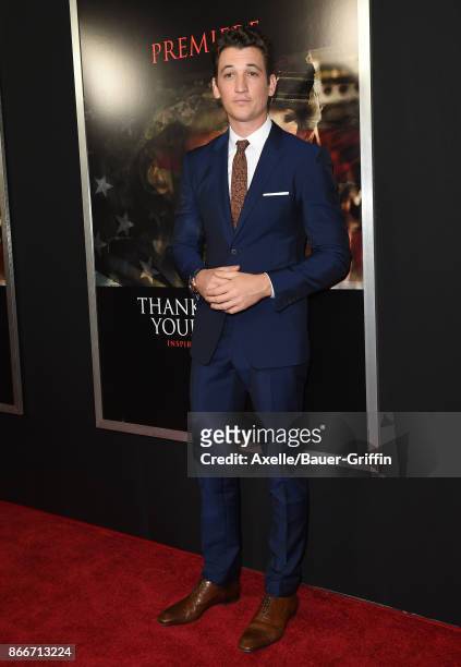 Actor Miles Teller arrives at the premiere of DreamWorks Pictures and Universal Pictures' 'Thank You for Your Service' at Regal LA Live Stadium 14 on...