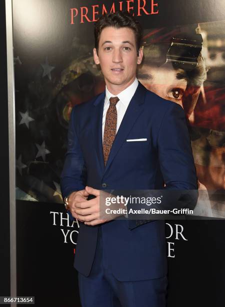 Actor Miles Teller arrives at the premiere of DreamWorks Pictures and Universal Pictures' 'Thank You for Your Service' at Regal LA Live Stadium 14 on...