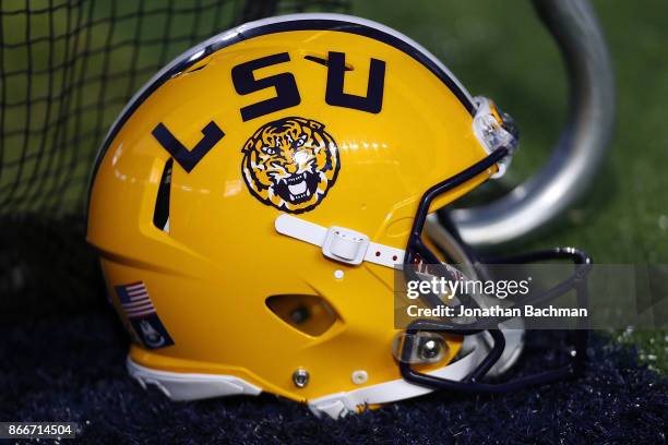 An LSU Tigers helmet is seen during a game against the Mississippi Rebels at Vaught-Hemingway Stadium on October 21, 2017 in Oxford, Mississippi.