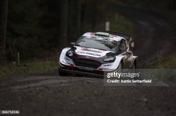 Elfyn Evans of Great Britain and M-Sport World Rally Team drives with co-driver Daniel Barritt of Great Britain during the FIA World Rally...