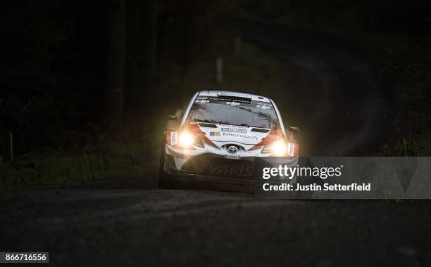 Jari-Matti Latvala of Finland and Toyota Gazoo Racing drives with co-driver Miikka Anttila of Finland during the FIA World Rally Championship Great...