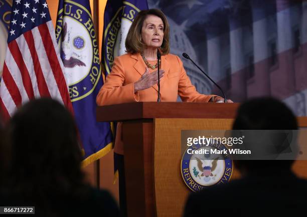 House Minority Leader Nancy Pelosi speaks to the media during her weekly news conference at the U.S. Capitol October 26, 2017 in Washington, DC....