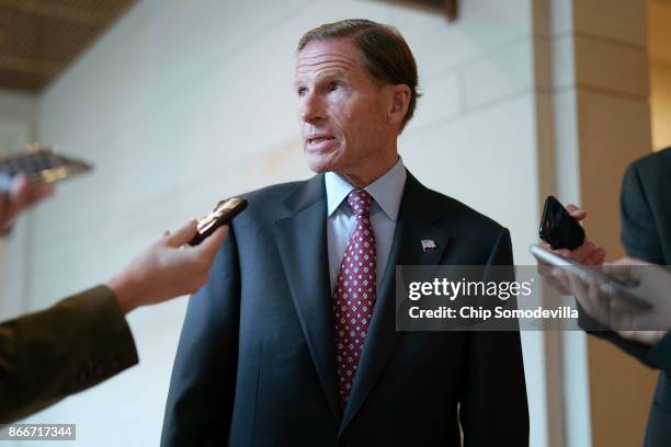 Senate Armed Services Committee member Sen. Richard Blumenthal talks to reporters following a closed-door briefing at the U.S. Capitol October 26,...